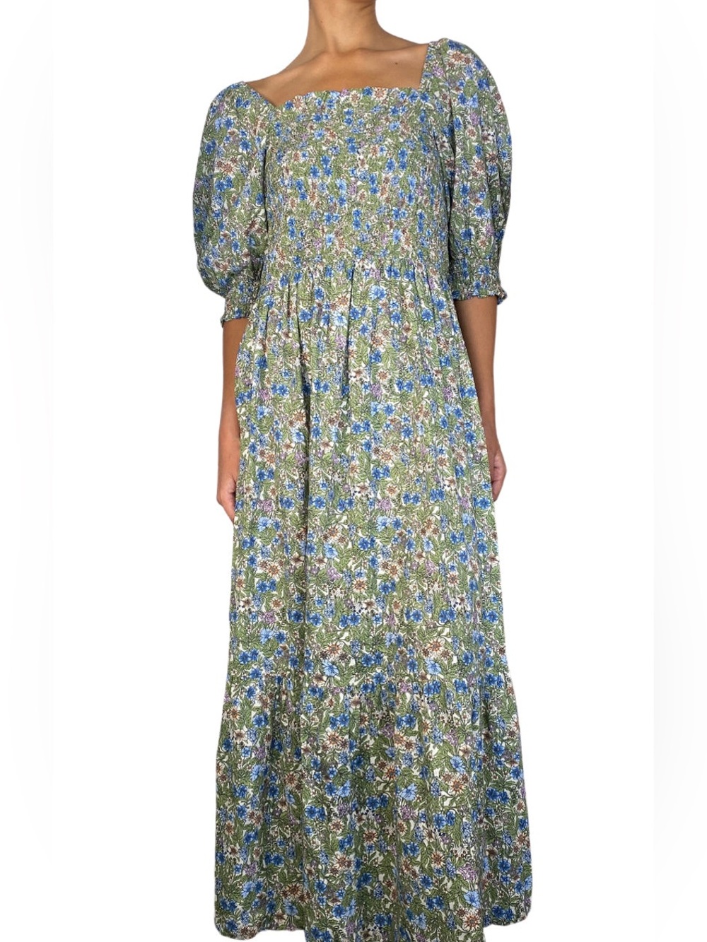 Mango  Smocked Floral Maxi Dress in Green and Blue size 2